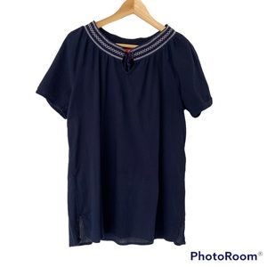 JOE FRESH NAVY/WHITE GUAZE TOP WITH EMBROIDERY DETAILS, LARGE